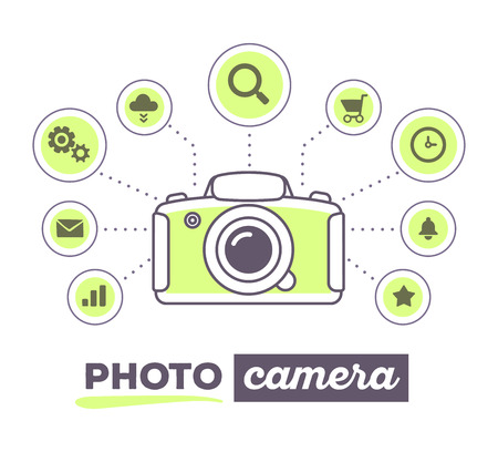 Vector illustration creative infographic of photo camera with icons and text photo camera on white background. Photo camera concept. Hand draw flat thin line art style design of photo camera for camera review themeのイラスト素材