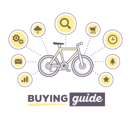 Vector illustration creative infographic of sport bicycle with icons and text buying guide on white background. Mountain bicycle concept. Hand draw flat thin line art style design of bicycle for active sport bicycle themeのイラスト素材