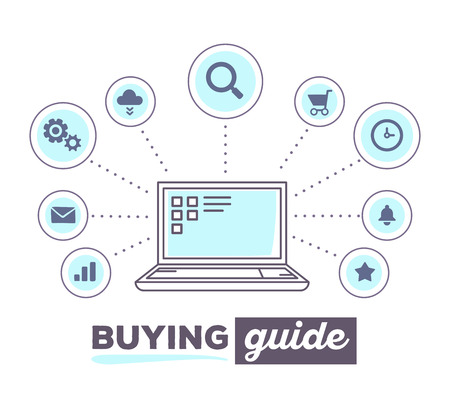 Vector illustration creative infographic of process of shopping on line with icons and text buying guide on white background. Laptop concept. Hand draw flat thin line art style design of laptop for on line shopping themeのイラスト素材