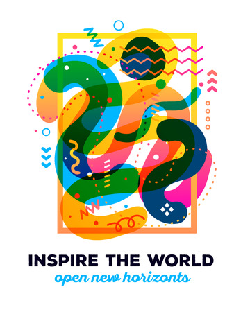 Vector illustration of colorful abstract composition with text on white background. Inspire the world concept template. Flat art design for web, site, banner, poster, board, card, paper print, t-shirt.のイラスト素材