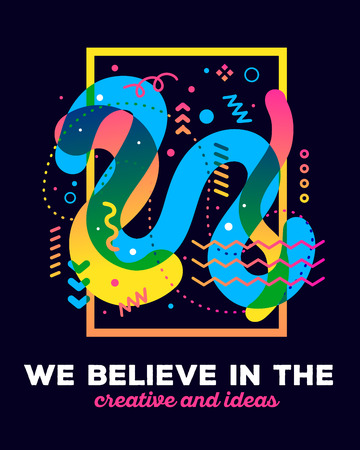 Vector illustration of colorful abstract composition with text on black background. We believe in the creative and ideas concept template. Flat art design for web, site, banner, poster, board, card, paper print, t-shirt.のイラスト素材