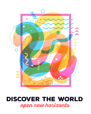 Vector illustration of colorful abstract composition with text on white background. Discover the world concept template. Flat art design for web, site, banner, poster, board, card, paper print, t-shirt.のイラスト素材