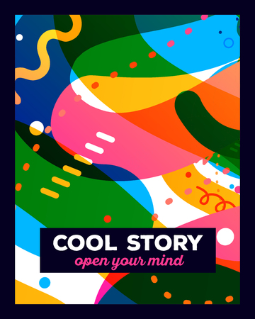 Vector illustration of colorful abstract composition with text on white background. Cool store, open your mind concept template. Flat art design for web, site, banner, poster, board, card, paper print, t-shirt.のイラスト素材