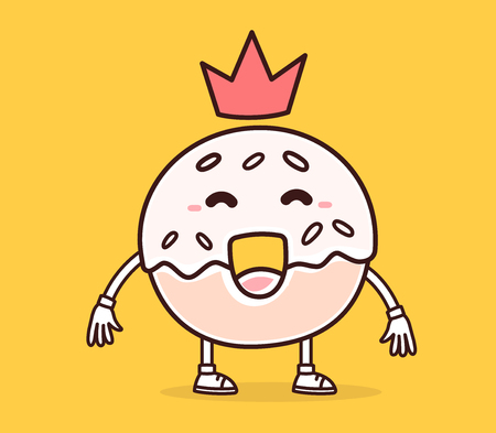 Vector illustration of bright color smile donut with red crown on yellow background. Creative cartoon donut concept. Doodle style. Thin line art flat design of character donut for best food themeのイラスト素材