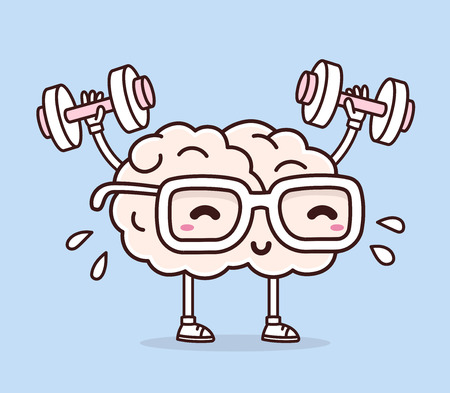 Vector illustration of retro pastel color smile pink brain with glasses lifts with dumbbells on blue background. Fitness cartoon brain concept. Doodle style. Thin line art flat design of character brain for sport, training, education themeのイラスト素材