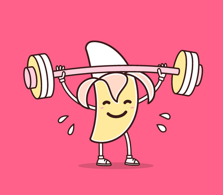 Vector illustration of yellow color banana with barbell lifting weights on pink background. Exercising cartoon banana concept. Doodle style. Thin line art flat design of character banana for sport, lose weight, fitness themeのイラスト素材
