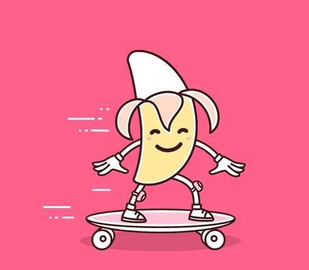 Vector illustration of yellow color smile banana riding skateboard on bright pink background. Skateboarding cartoon banana concept. Doodle style. Thin line art flat design of character banana for sport, skateboard themeのイラスト素材