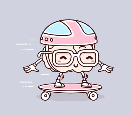 Vector illustration of retro pastel color smile pink brain with glasses riding skateboard on gray background. Training cartoon brain concept. Doodle style. Thin line art flat design of character brain for sport, training, education themeのイラスト素材