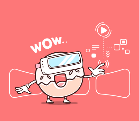 Vector illustration of bright color smile donut with 3d virtual reality glasses on red background. Creative cartoon donut concept. Doodle style. Thin line art flat design of character donut for 3d virtual reality themeのイラスト素材