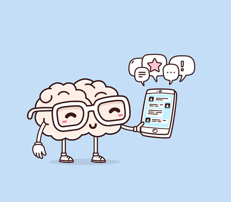 Vector illustration of retro pastel color smile pink brain with glasses holding phone on blue background. Creative cartoon brain concept. Doodle style. Thin line art flat design of character brain for mobile communication themeのイラスト素材