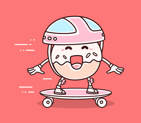 Vector illustration of bright color smile donut in helmet riding skateboard on red background. Skateboarding cartoon donut concept. Doodle style. Thin line art flat design of character donut for sport, skateboard themeのイラスト素材