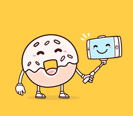 Vector illustration of bright color smile donut with phone making selfie on yellow background. Selfie cartoon donut concept. Doodle style. Thin line art flat design of character donut for mobile selfie themeのイラスト素材