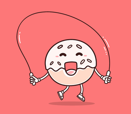 Vector illustration of bright color smile donut with skipping rope on red background. Fitness cartoon donut concept. Doodle style. Thin line art flat design of character donut for sport, lose weight, fitness themeのイラスト素材