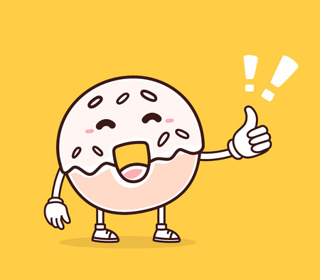 Vector illustration of bright color smile donut with thumb up on yellow background. Creative cartoon donut concept. Doodle style. Thin line art flat design of character donut for positive time themeのイラスト素材