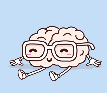 Vector illustration of retro pastel color sitting smile pink brain with glasses on blue background. Creative cartoon brain concept. Doodle style. Thin line art flat design of character brain for brainstorm, science, training, education themeのイラスト素材