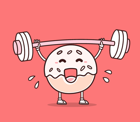 Vector illustration of bright color donut with barbell lifting weights on red background. Exercising cartoon donut concept. Doodle style. Thin line art flat design of character donut for sport, lose weight, fitness themeのイラスト素材