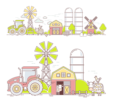 Agribusiness. Vector illustration of colorful farm life with natural economy on white background. Village landscape. Thin line art flat design of countryside for farming web, site, agricultural application, interface, ad, poster, print, banner, board.のイラスト素材