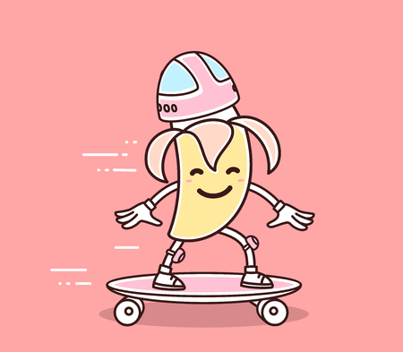 Vector illustration of yellow color smile banana in helmet riding skateboard on pink background. Skateboarding cartoon banana concept. Doodle style. Thin line art flat design of character banana for sport, skateboard themeのイラスト素材