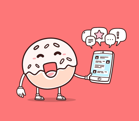 Vector illustration of bright color smile donut holding phone on red background. Chatting cartoon donut concept. Doodle style. Thin line art flat design of character donut for mobile communication themeのイラスト素材