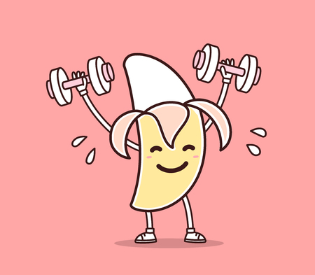 Vector illustration of yellow color smile banana lifts dumbbells on pink background. Fitness cartoon banana concept. Doodle style. Thin line art flat design of character banana for sport, lose weight, fitness themeのイラスト素材