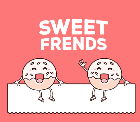 Vector illustration of smile sweet donut friends sitting on white blank sign on red background. Creative cartoon donut concept. Doodle style. Thin line art flat design of character donut for friendship themeのイラスト素材