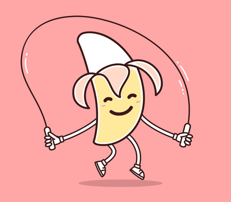 Vector illustration of yellow color smile banana with skipping rope on pink background. Fitness cartoon banana concept. Doodle style. Thin line art flat design of character banana for sport, lose weight, fitness themeのイラスト素材