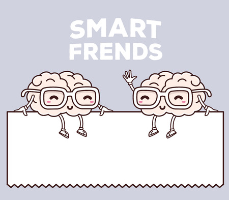Vector illustration of retro color smile smart friends with glasses sitting on white blank sign on gray background. Creative cartoon brain concept. Doodle style. Thin line art flat design of character brain for brainstorm themeのイラスト素材