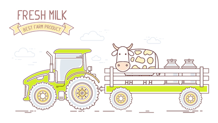 Agribusiness. Vector illustration of farm tractor with green cart with milk can and cow isolated on white background. Village landscape. Thin line art flat design of countryside for farming and agricultural themeのイラスト素材