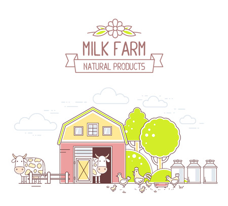 Agribusiness.Vector illustration of colorful milk farm life with natural economy on white background.Village landscape.Thin line art flat design of countryside for farming web, site, agricultural application, interfaceのイラスト素材