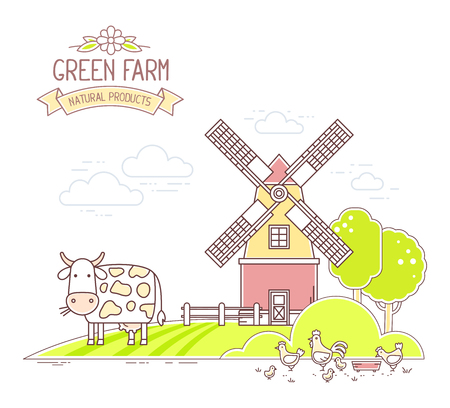 Agribusiness.Vector illustration of colorful farm life with natural economy on white background.Village landscape.Thin line art flat design of countryside for farming web, site, agricultural application, interfaceのイラスト素材