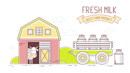 Agribusiness.Vector horizontal illustration of colorful modern milk farm life with natural economy on white background.Village landscape.Thin line art flat design of countryside for farming and agricultural themeのイラスト素材