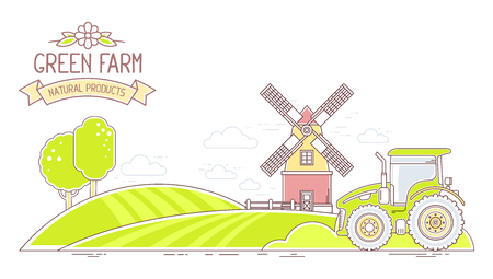 Agribusiness.Vector horizontal illustration of colorful green farm life with natural economy on white background.Village landscape.Thin line art flat design of countryside for farming and agricultural themeのイラスト素材