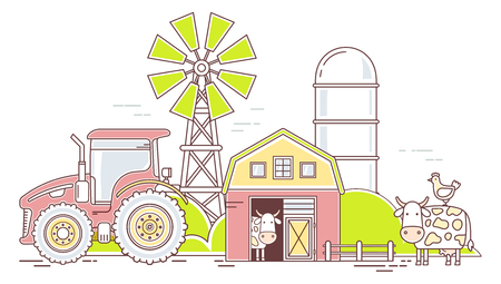 Agribusiness.Vector horizontal illustration of colorful farm life with natural economy on white background.Village landscape.Thin line art flat design of countryside ffor farming and agricultural themeのイラスト素材