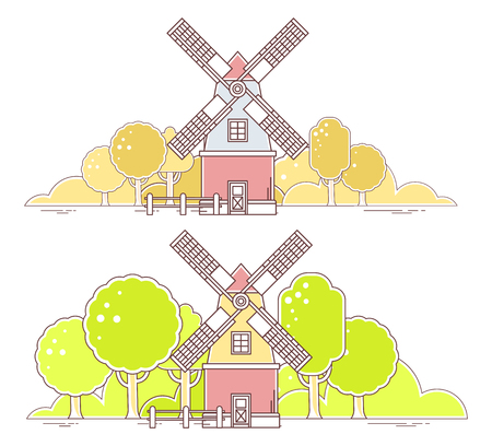 Vector illustration of color gray and red  windmill with autumn yellow and green spring rural forest on white background. Agribusiness. Thin line art flat design of mill for farming web, site, agricultural application, interface, ad, poster, print, bannerのイラスト素材