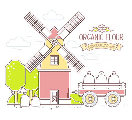 Vector illustration of color yellow and red  windmill and green rural forest on white background.Agribusiness.Thin line art flat design of mill for farming and agricultural themeのイラスト素材