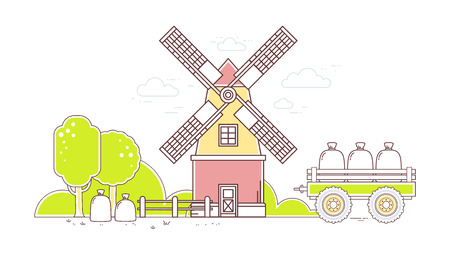 Vector horizontal illustration of color gray and red  windmill and yellow rural forest on white background.Agribusiness.Thin line art flat design of mill for farming and agricultural themeのイラスト素材