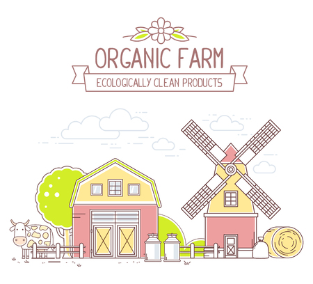 Agribusiness.Vector illustration of colorful milk farm life with natural economy on white background.Modern village landscape.Thin line art flat design of countryside for farming web, site, agricultural application, interfaceのイラスト素材
