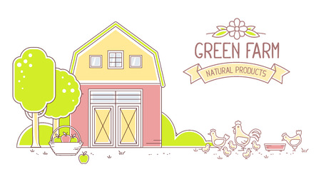 Agribusiness. Vector horizontal illustration of colorful modern poultry farm life with natural economy on white background. Village landscape. Thin line art flat design of countryside for farming and agricultural themeのイラスト素材