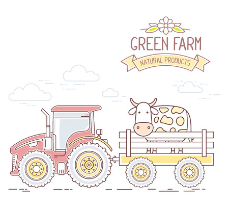 Agribusiness. Vector illustration of red farm tractor with cart a cow isolated on white background. Village landscape. Thin line art flat design of countryside for farming and agricultural themeのイラスト素材
