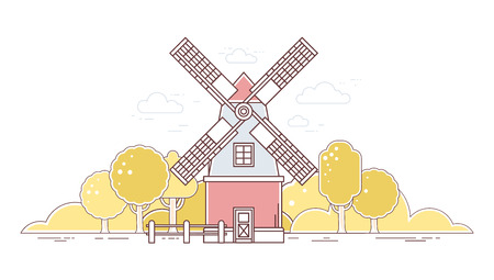 Vector horizontal illustration of color gray and red  windmill and autumn yellow rural forest on white background. Agribusiness. Thin line art flat design of mill for farming and agricultural themeのイラスト素材
