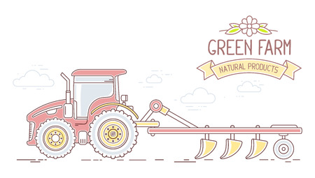 Agribusiness. Vector illustration of red farm tractor with plow isolated on white background. Village landscape. Thin line art flat design of countryside for farming and agricultural themeのイラスト素材