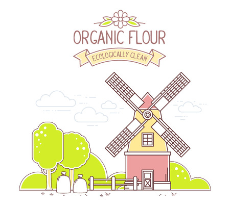 Vector illustration of color yellow and red  windmill and green rural garden on white background. Agribusiness. Thin line art flat design of mill for farming and agricultural themeのイラスト素材