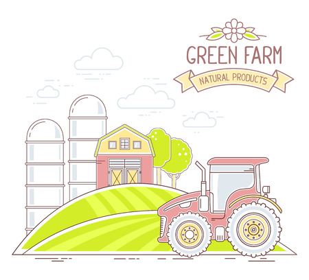 Agribusiness. Vector illustration of colorful green farm life with natural economy on white background. Village landscape concept. Thin line art flat design of countryside for farming and agricultural themeのイラスト素材