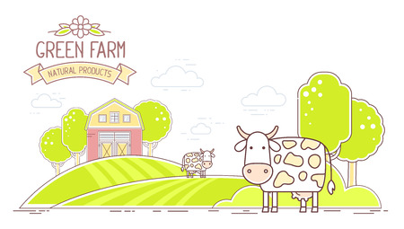 Agribusiness. Vector horizontal illustration of colorful modern cattle farm life with natural economy on white background. Village landscape. Thin line art flat design of countryside for farming and agricultural themeのイラスト素材