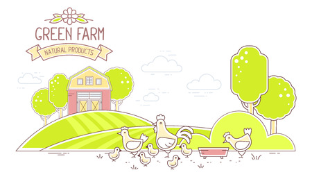 Agribusiness. Vector horizontal illustration of colorful modern poultry green farm life with natural economy on white background. Village landscape. Thin line art flat design of countryside for farming and agricultural themeのイラスト素材