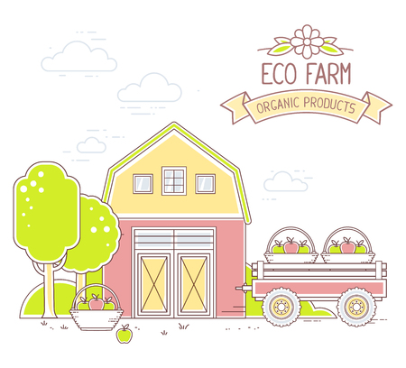 Agribusiness. Vector illustration of colorful modern farm life at apple harvest time on white background. Village landscape. Thin line art flat design of countryside for farming, agricultural harvest themeのイラスト素材
