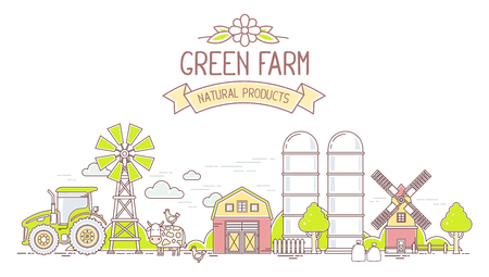Agribusiness.Vector horizontal illustration of colorful modern farm life with natural economy on white background.Village landscape.Thin line art flat design of countryside for farming and agricultural themeのイラスト素材