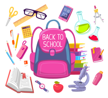 Vector colorful illustration of girl pink backpack with many school supplies on light background with text back to school. Bright design for web, site, advertising, banner, poster, brochure, boardのイラスト素材