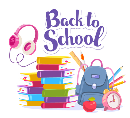 Vector colorful illustration of blue backpack, pile of books, apple, alarm clock, pink headphones, stationery and text back to school on white background. Bright design for web, site, advertising, banner, poster, brochure, boardのイラスト素材