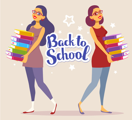 Vector illustration of two smiling young girl full length in dress with colorful pile of books in hands on light background with text back to school and stars. Bright design for web, site, advertising, banner, poster, flyer, brochure, board, paper print.のイラスト素材